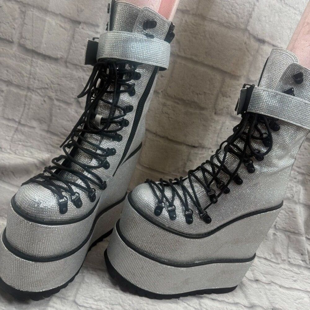 Club Exx Crystal Traitor Boots Size 9 Double Stacked Silver Rave Festival